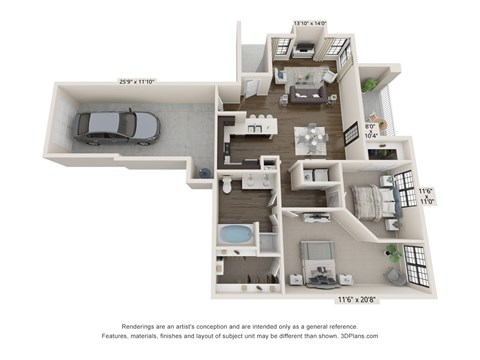 Floor plan for 2 beds, 1 bath, 1098 sqft
